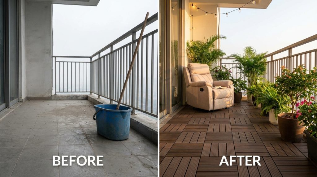 Lột xác ban công: Phép màu cải tạo từ vỉ gỗ nhựa DIY Lột xác ban công: Phép màu cải tạo từ vỉ gỗ nhựa DIY