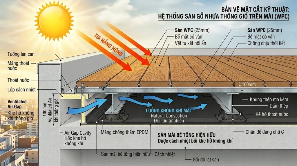 Giải mã khả năng chống nóng: Cơ chế cách nhiệt thông gió ưu việt của hệ thống sàn gỗ nhựa trên mái