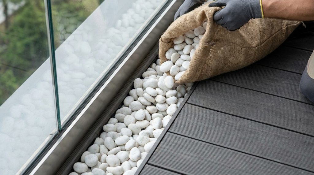 xử lý viền sỏi trắng khi thi công vỉ gỗ nhựa ban công