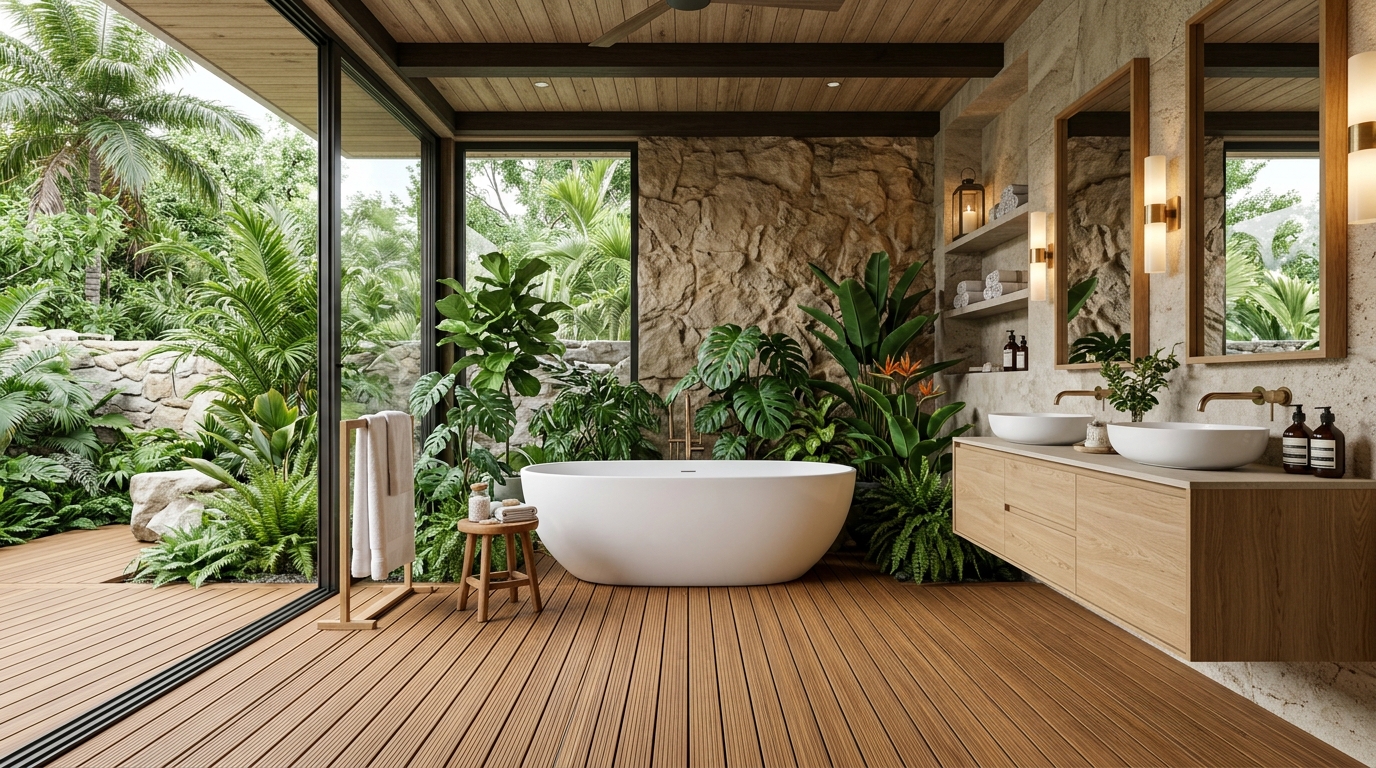 Có nên lót sàn vỉ gỗ nhựa có rãnh thoát nước cho phòng tắm không nhỉ? 3 Phòng tắm phong cách Resort Spa với vỉ gỗ nhựa có rãnh thoát nước