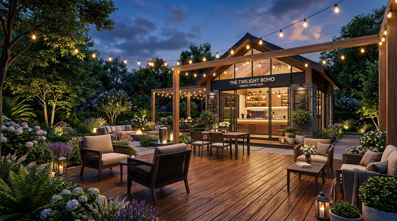 Không gian quán cà phê ấm cúng nhờ lót sàn quán cafe sân vườn bằng gỗ nhựa