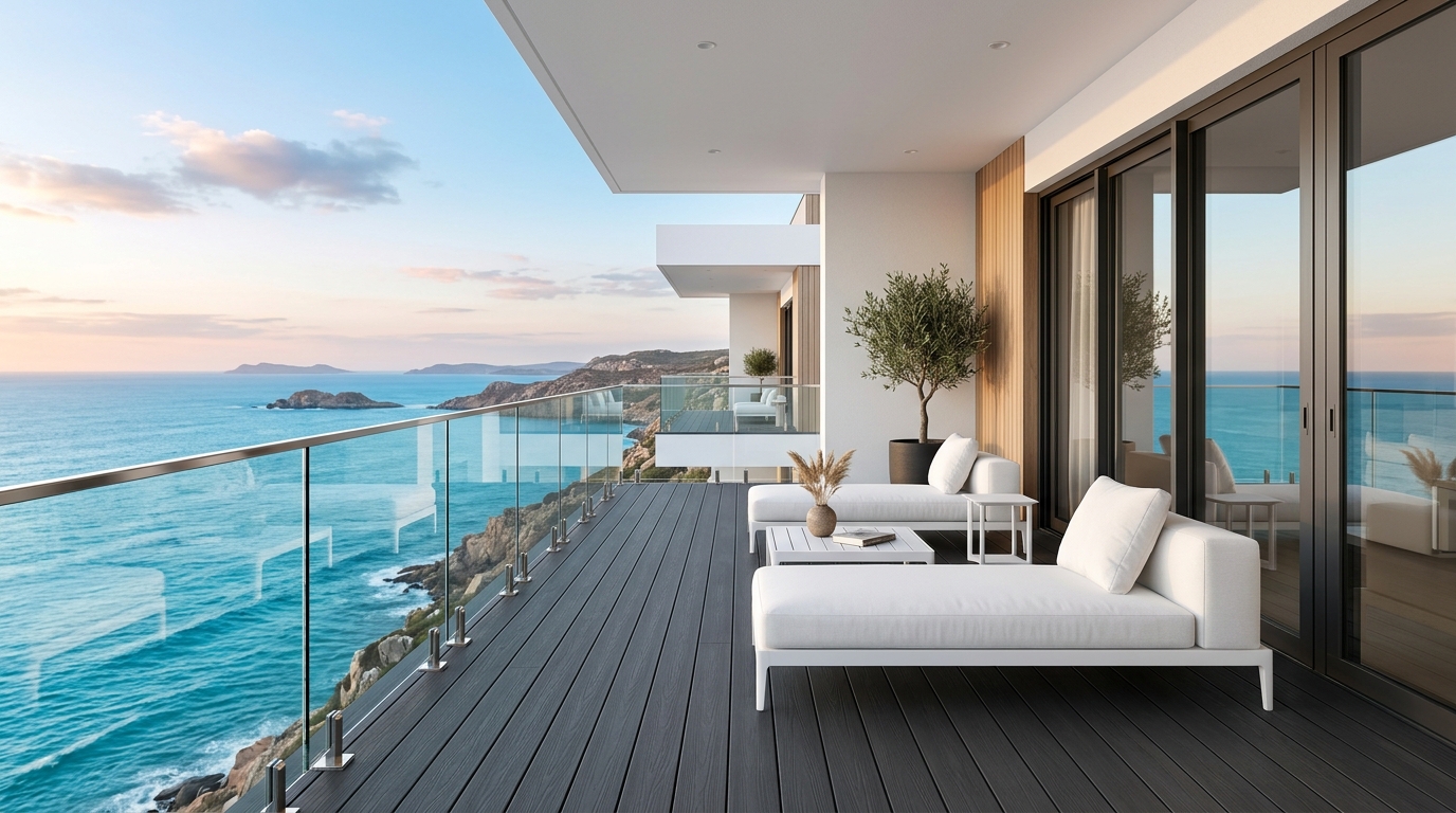 Gợi ý 3 mẫu sàn AWOOD màu trầm siêu sang cho khu nghỉ dưỡng 3 Ban công resort tối giản với sàn AWOOD màu trầm Xám Đậm (Charcoal)