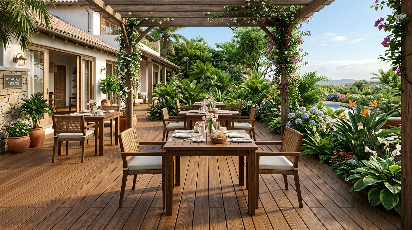 Sàn gỗ ngoài trời cho khu vực ăn sáng tại Homestay