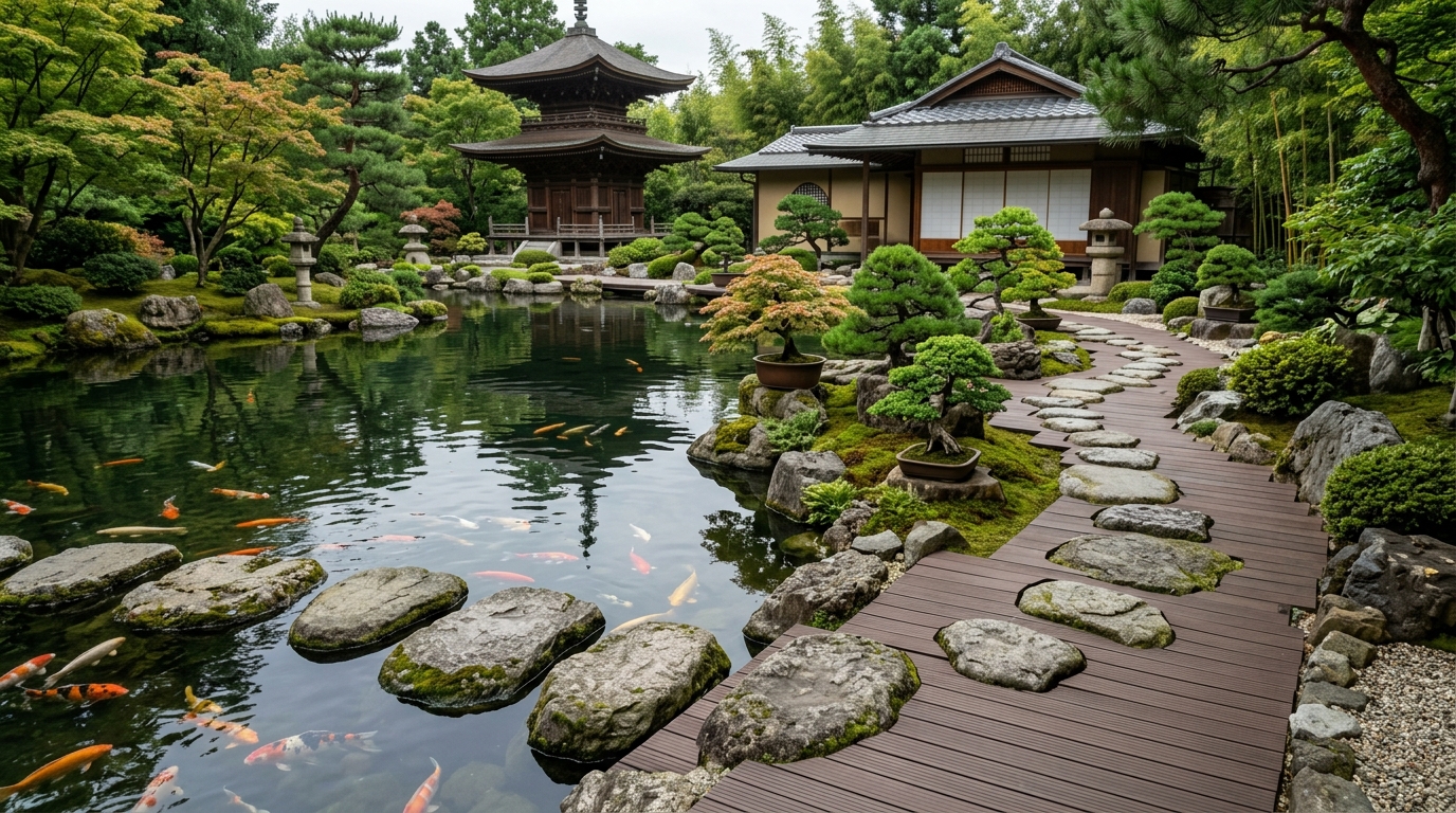 Vẻ đẹp Zen Garden khi lót vỉ gỗ quanh hồ cá Koi