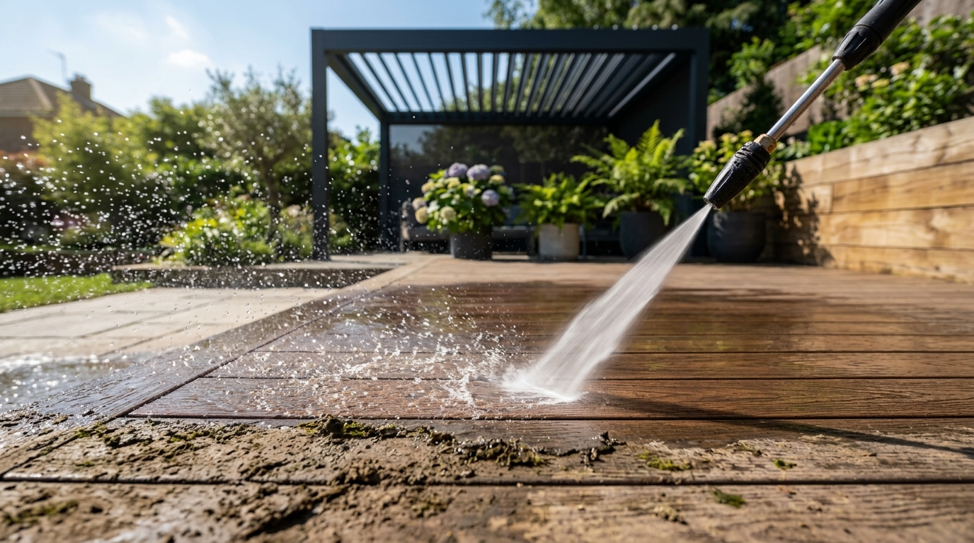 Bật mí cách xịt rửa sàn ngoài trời sạch bong như mới trong 5 phút 2 Sử dụng máy áp lực cao là cách xịt rửa sàn ngoài trời hiệu quả nhất