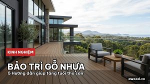Ban công biệt thự hiện đại sử dụng lót sàn gỗ nhựa ngoài trời tông màu ấm.