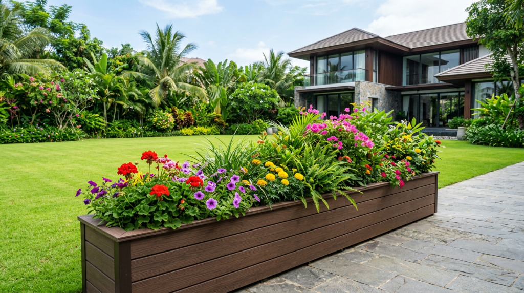 Bồn hoa gỗ nhựa: 5 Lưu ý thiết kế và thi công bền đẹp 1 Bồn hoa gỗ nhựa ngoài trời trong sân vườn biệt thự hiện đại