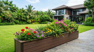 Bồn hoa gỗ nhựa ngoài trời trong sân vườn biệt thự hiện đại
