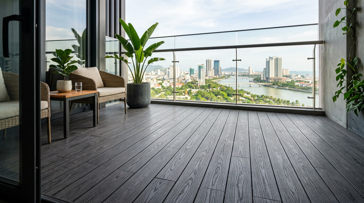 Chọn sàn gỗ nhựa: 5 Lưu ý đắt giá để bền đẹp vô song 2 Cận cảnh lát ban công hiện đại giúp gia chủ chọn sàn gỗ nhựa bền đẹp