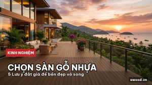 Mặt sàn gỗ nhựa ngoài trời lát trên khoảng sân hiên biệt thự thoáng đãng lúc hoàng hôn