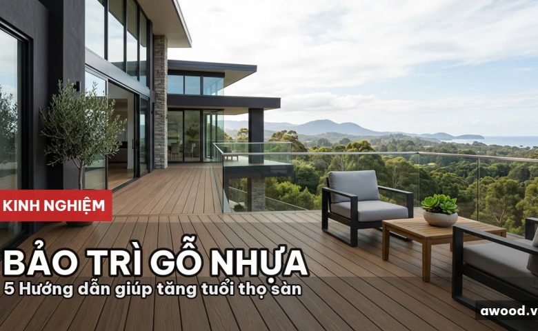 Ban công biệt thự hiện đại sử dụng lót sàn gỗ nhựa ngoài trời tông màu ấm.