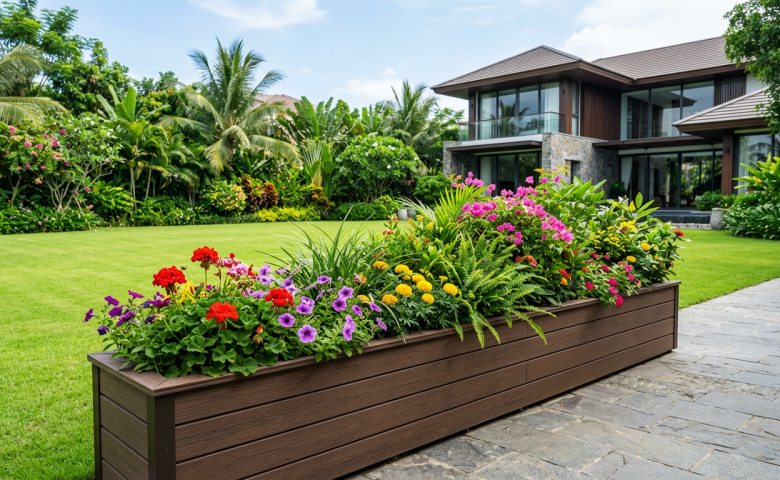 Bồn hoa gỗ nhựa ngoài trời trong sân vườn biệt thự hiện đại