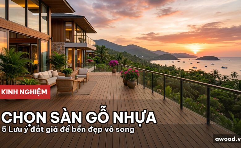Mặt sàn gỗ nhựa ngoài trời lát trên khoảng sân hiên biệt thự thoáng đãng lúc hoàng hôn