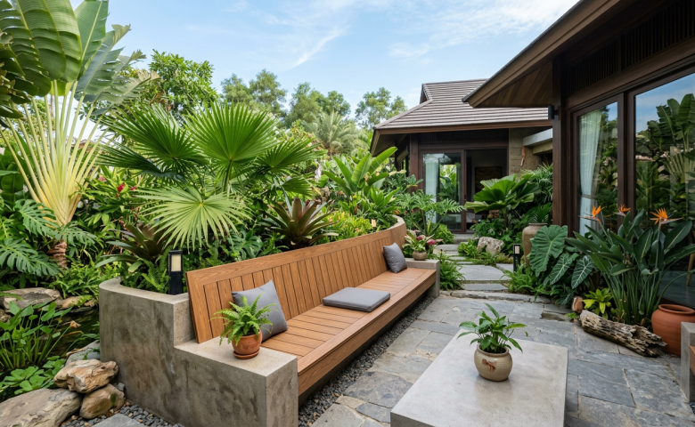Ghế băng gỗ nhựa ngoài trời thiết kế hiện đại trong khuôn viên sân vườn biệt thự Việt Nam