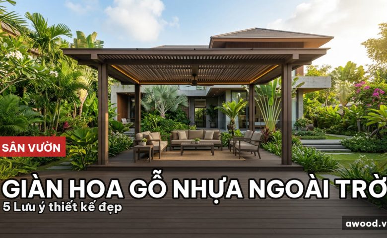 Giàn hoa pergola gỗ nhựa ngoài trời sang trọng trong sân vườn biệt thự hiện đại