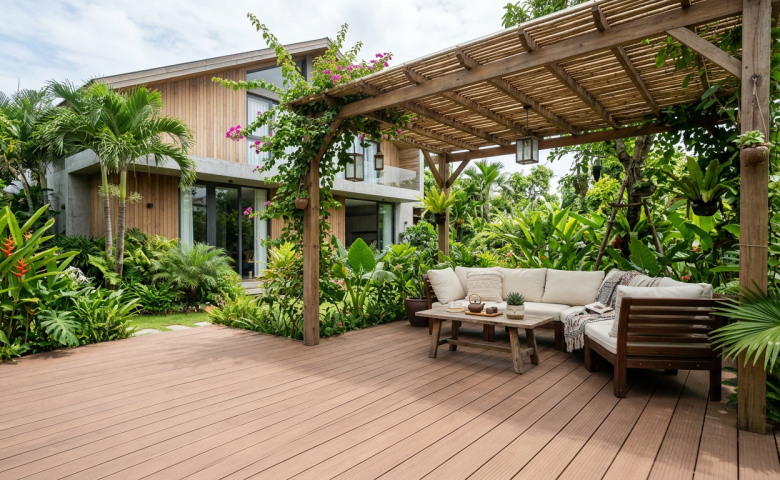 Toàn cảnh góc nghỉ ngơi ngoài trời lát sàn gỗ nhựa composite sang trọng trong sân vườn biệt thự