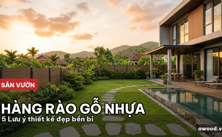 Toàn cảnh sân vườn biệt thự sang trọng với hệ thống hàng rào gỗ ngoài trời thanh lịch
