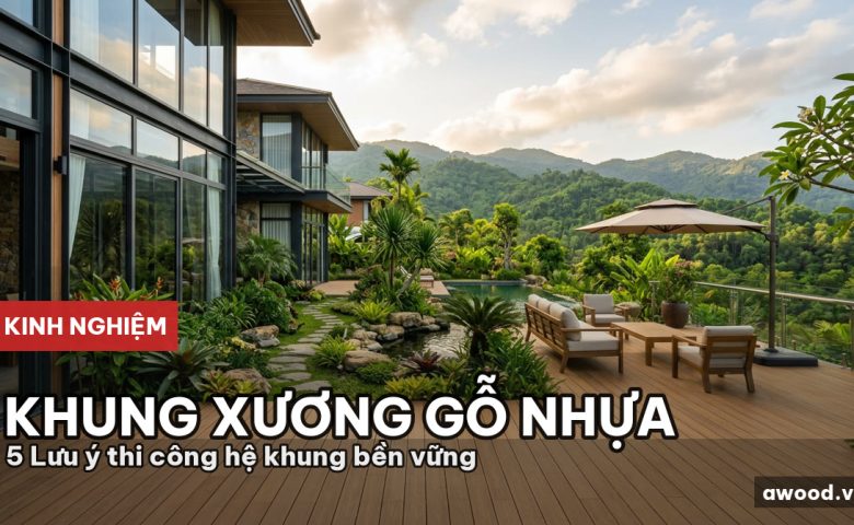 Sàn gỗ nhựa ngoài trời lót sân vườn biệt thự hiện đại đón nắng tự nhiên.