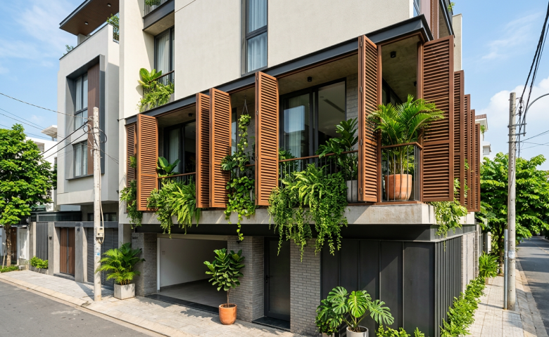 Mặt tiền nhà phố hiện đại lắp hệ lam che nắng bằng gỗ nhựa ngoài trời