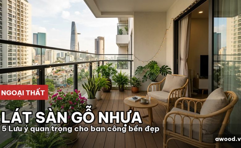 Mẫu ban công chung cư hiện đại với sàn gỗ nhựa ngoài trời màu nâu ấm áp