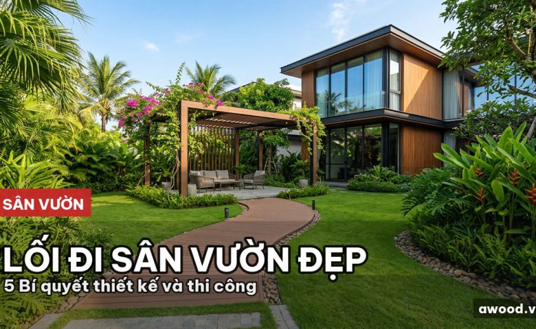 Lối đi sân vườn đẹp lát bằng sàn gỗ nhựa ngoài trời cao cấp trong khuôn viên biệt thự hiện đại