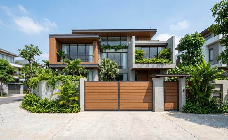 Cánh cổng biệt thự hiện đại ốp gỗ nhựa composite màu nâu ấm áp sang trọng