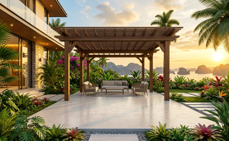 Toàn cảnh giàn hoa pergola gỗ nhựa trong sân vườn biệt thự hiện đại