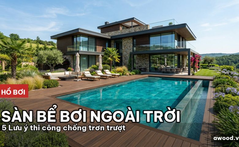 Toàn cảnh bể bơi biệt thự hiện đại lát sàn gỗ nhựa composite ngoài trời cao cấp.