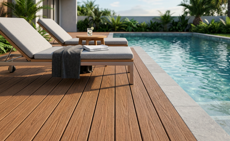 Góc thư giãn với sàn gỗ ghế nằm chất liệu gỗ nhựa composite bền đẹp
