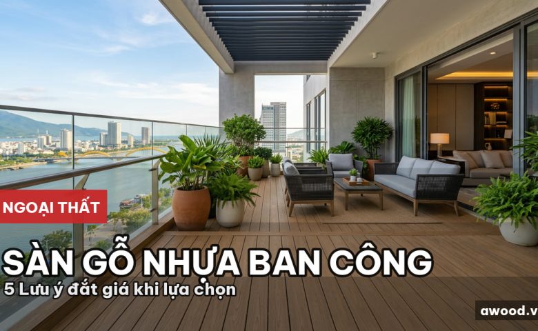 Ban công căn hộ hiện đại lát sàn gỗ nhựa màu trầm ấm áp đón nắng tự nhiên