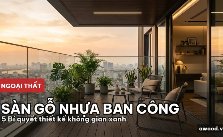 Góc ban công chung cư hiện đại lát sàn gỗ nhựa ấm cúng dưới nắng chiều.