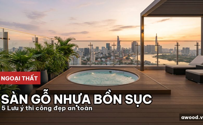 Toàn cảnh sàn gỗ nhựa composite cao cấp lót quanh bồn sục trên sân thượng penthouse