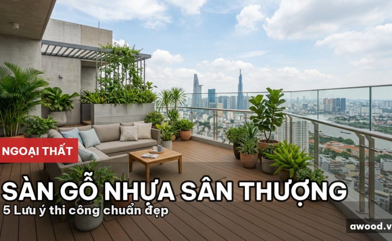 Sân thượng biệt thự lát gỗ nhựa ngoài trời hiện đại sang trọng dưới ánh nắng ban ngày