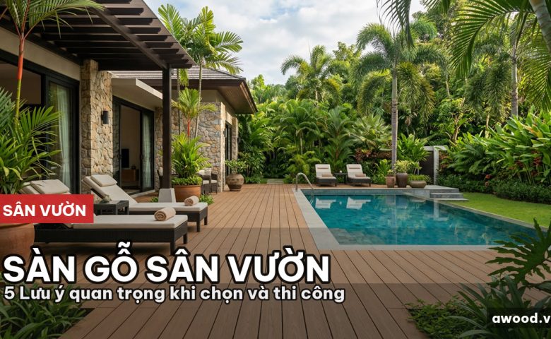Sân vườn biệt thự hiện đại lát sàn gỗ nhựa composite ngoài trời dưới ánh nắng sớm