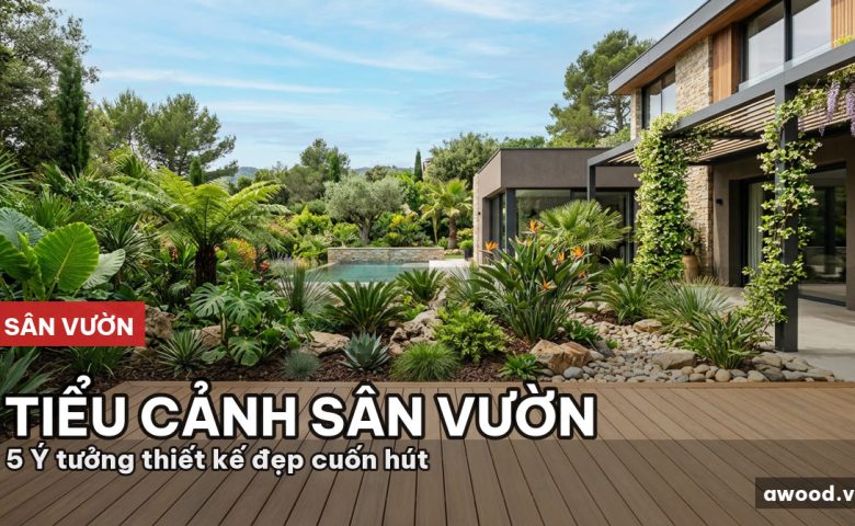 Góc sân vườn biệt thự hiện đại lát sàn gỗ nhựa kết hợp cây xanh và sỏi trang trí dưới ánh nắng tự nhiên