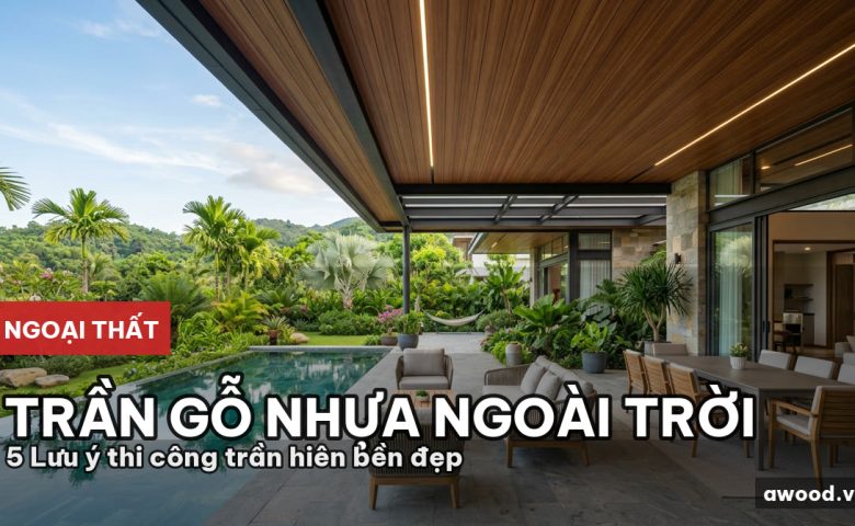 Không gian hiên nhà biệt thự sang trọng sử dụng gỗ nhựa ốp trần cao cấp