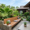 Ghế băng gỗ nhựa ngoài trời thiết kế hiện đại trong khuôn viên sân vườn biệt thự Việt Nam