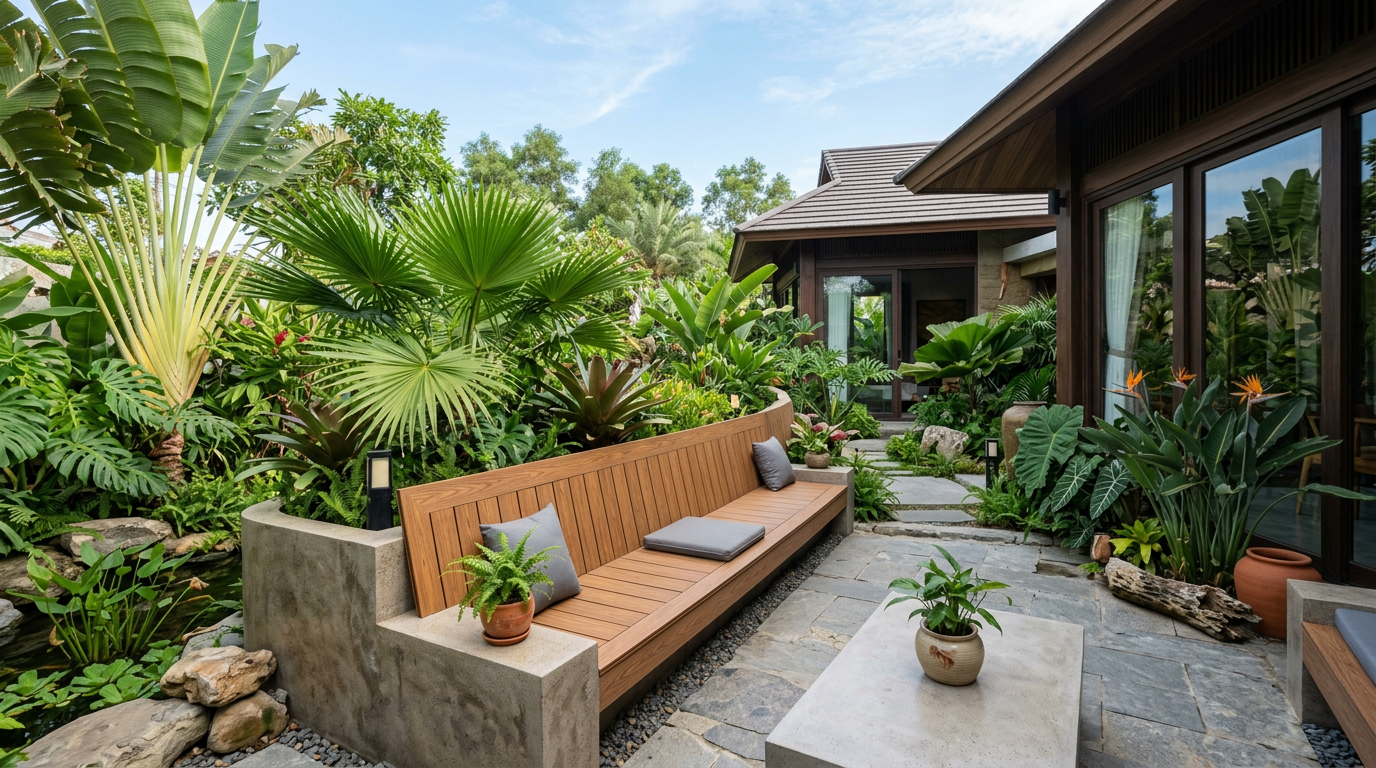 Ghế băng gỗ nhựa ngoài trời thiết kế hiện đại trong khuôn viên sân vườn biệt thự Việt Nam