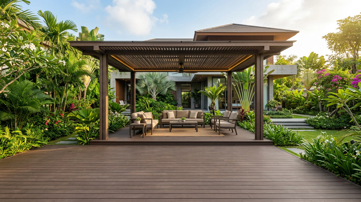 Giàn hoa gỗ nhựa ngoài trời: 5 Lưu ý thiết kế đẹp 1 Giàn hoa pergola gỗ nhựa ngoài trời sang trọng trong sân vườn biệt thự hiện đại