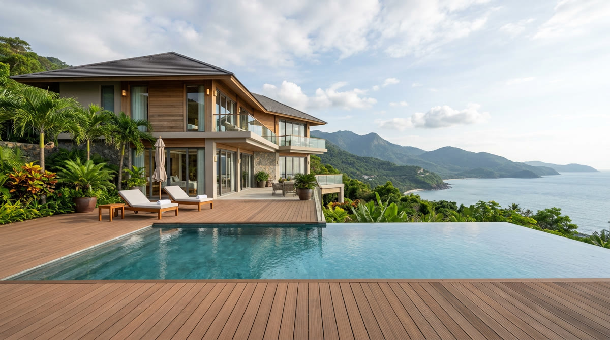 Gỗ nhựa bể bơi: 5 Tiêu chuẩn chọn vật liệu bền đẹp 1 Toàn cảnh hồ bơi vô cực biệt thự hiện đại lát sàn gỗ nhựa sang trọng