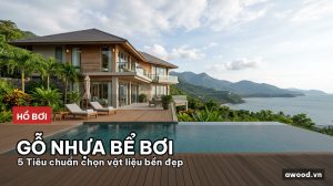 Toàn cảnh hồ bơi vô cực biệt thự hiện đại lát sàn gỗ nhựa sang trọng