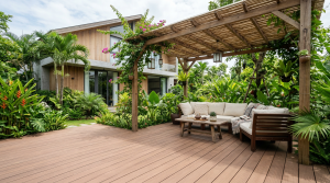 Toàn cảnh góc nghỉ ngơi ngoài trời lát sàn gỗ nhựa composite sang trọng trong sân vườn biệt thự