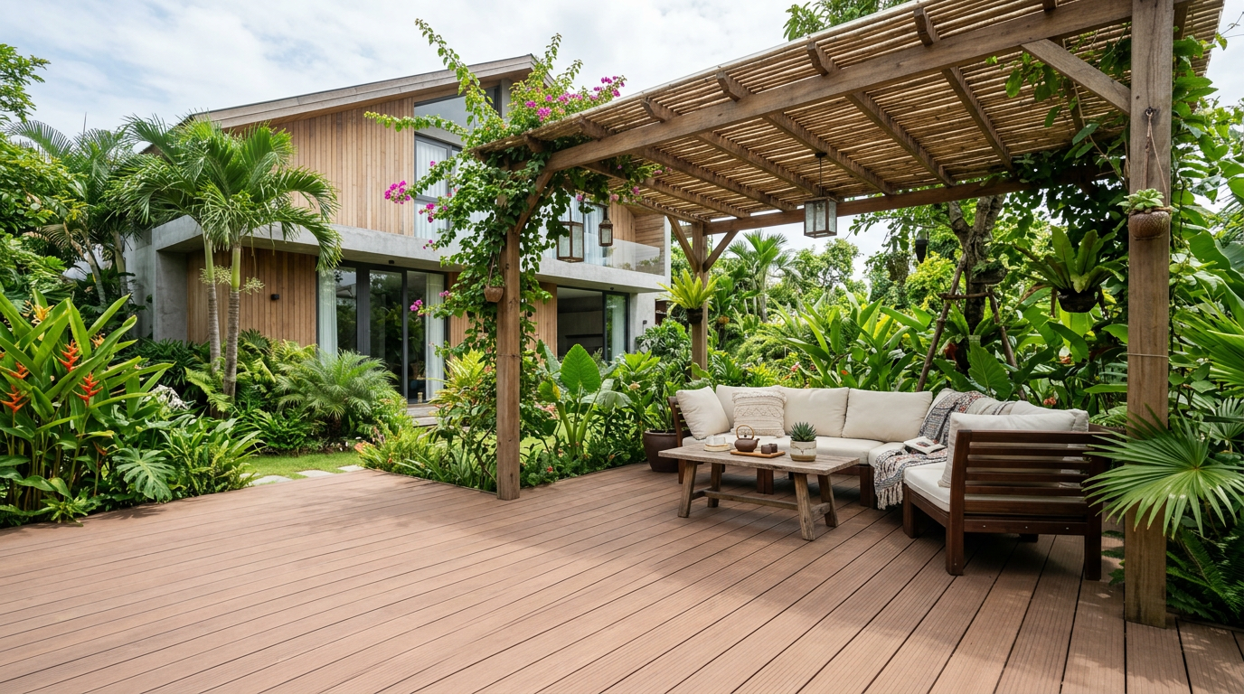 Toàn cảnh góc nghỉ ngơi ngoài trời lát sàn gỗ nhựa composite sang trọng trong sân vườn biệt thự