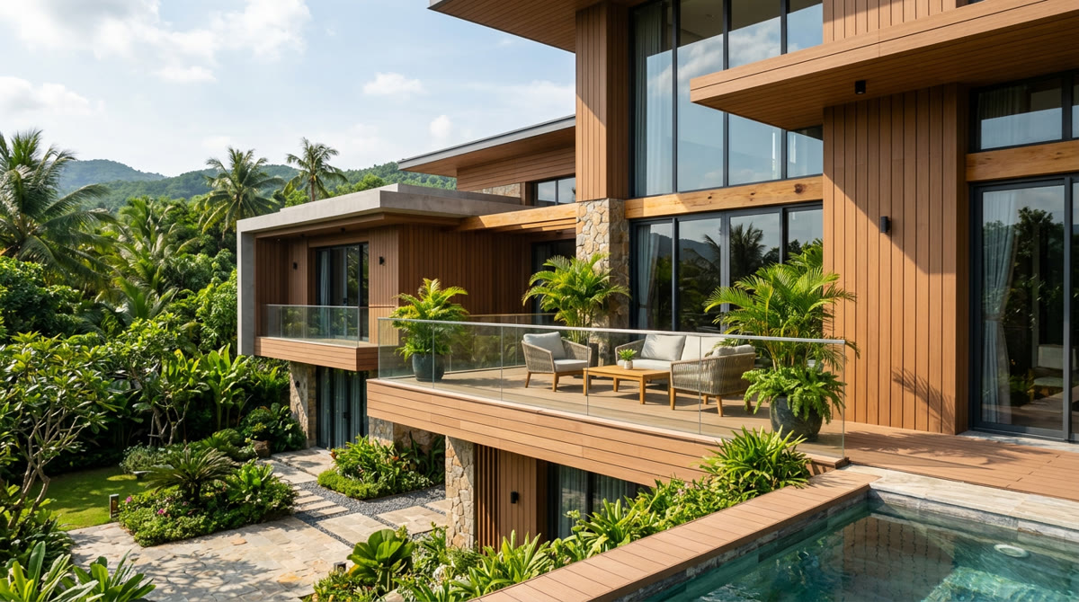 Gỗ nhựa ốp mặt tiền: 5 Giải pháp kiến tạo mặt tiền đẳng cấp 1 Mặt tiền biệt thự hiện đại ốp gỗ nhựa composite màu ấm sang trọng dưới ánh nắng