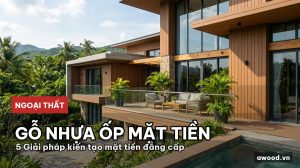 Mặt tiền biệt thự hiện đại ốp gỗ nhựa composite màu ấm sang trọng dưới ánh nắng