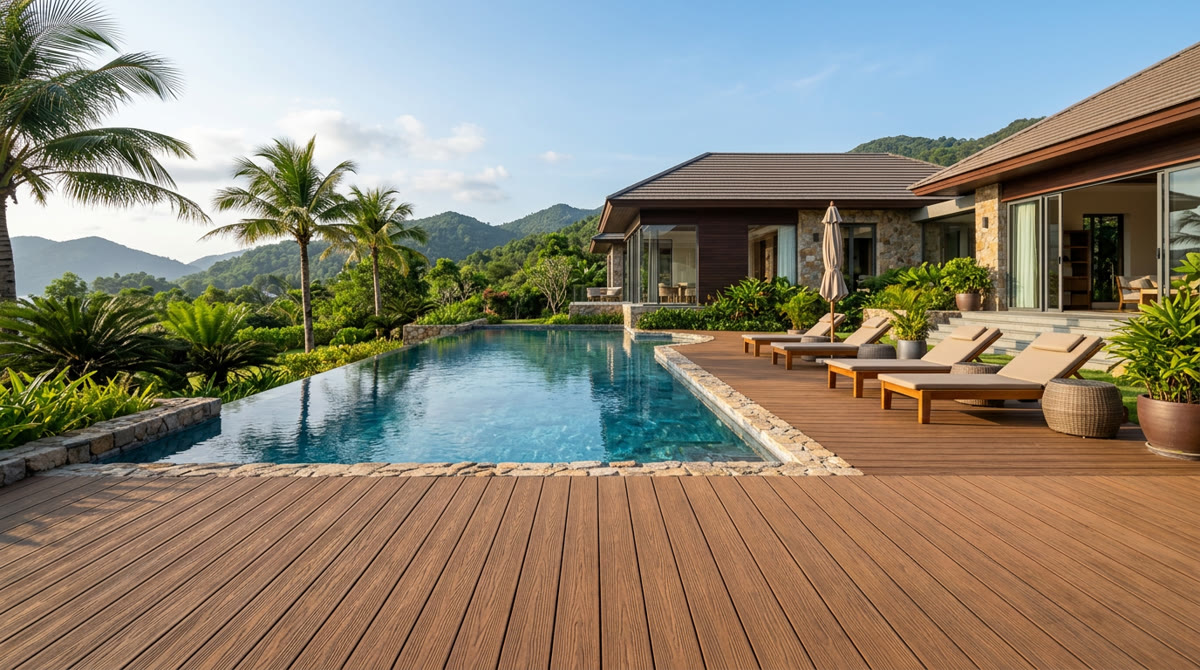 Gỗ nhựa quanh hồ bơi: 5 Lưu ý thi công an toàn tuyệt đối 1 Toàn cảnh hồ bơi biệt thự hiện đại lát sàn gỗ nhựa ngoài trời sang trọng