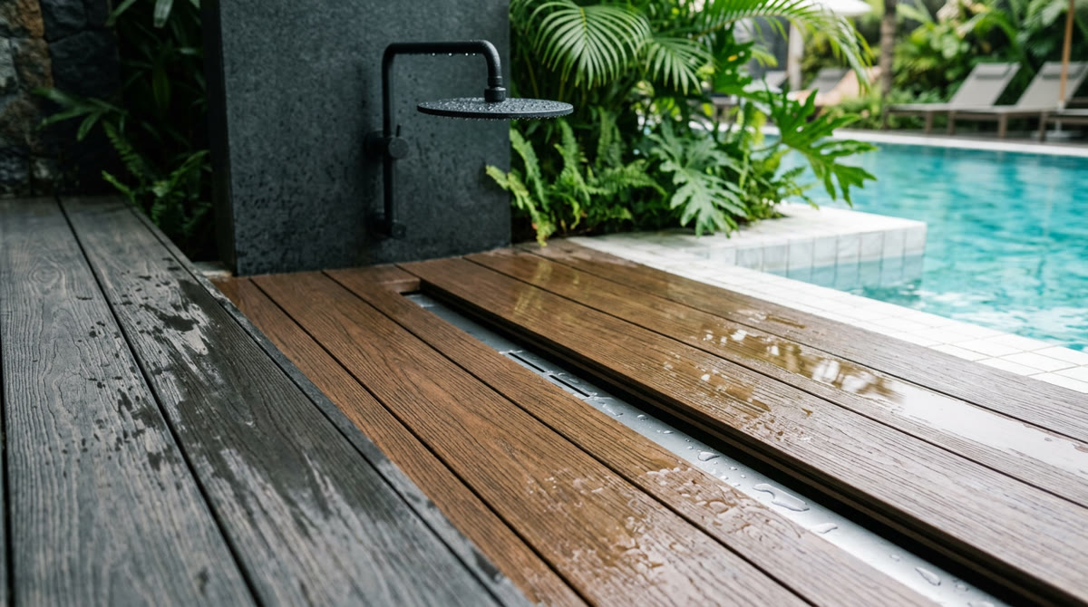 Gỗ nhựa quanh hồ bơi: 5 Lưu ý thi công an toàn tuyệt đối 2 Cận cảnh khu tắm tráng lát gỗ nhựa quanh hồ bơi thoát nước tốt