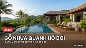 Toàn cảnh hồ bơi biệt thự hiện đại lát sàn gỗ nhựa ngoài trời sang trọng