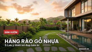 Toàn cảnh sân vườn biệt thự sang trọng với hệ thống hàng rào gỗ ngoài trời thanh lịch