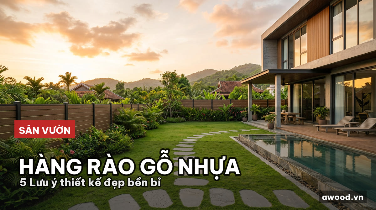Toàn cảnh sân vườn biệt thự sang trọng với hệ thống hàng rào gỗ ngoài trời thanh lịch